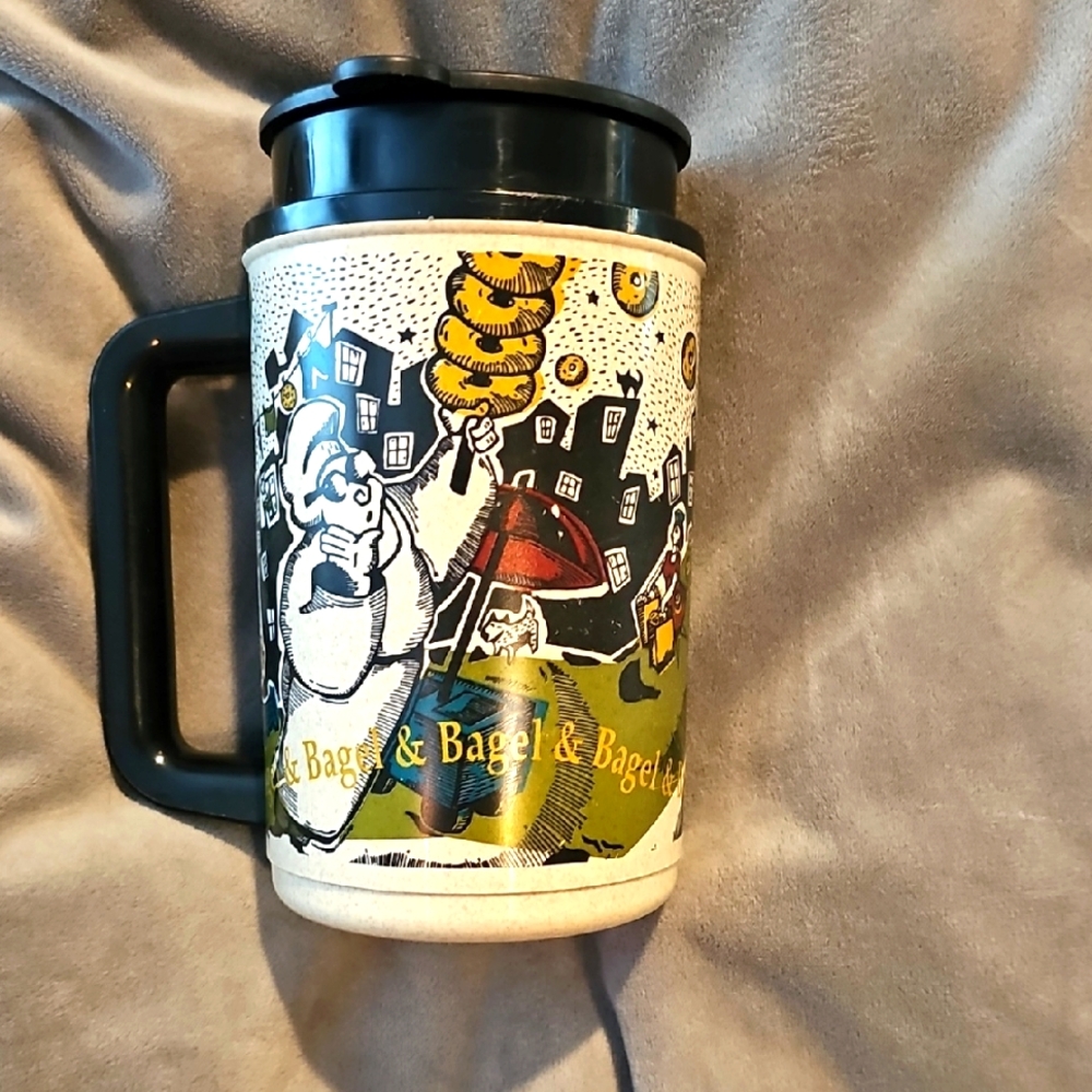 Vintage Bagel & Bagel Insulated Coffee Mug Cup Whirley Co Allover Print